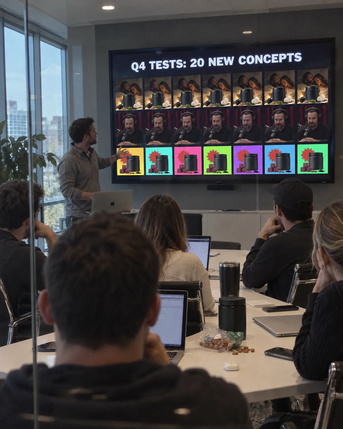 A brand's Friday creative review: the slide says 20 new concepts, the screen shows the same three ads repeated, only the colours change