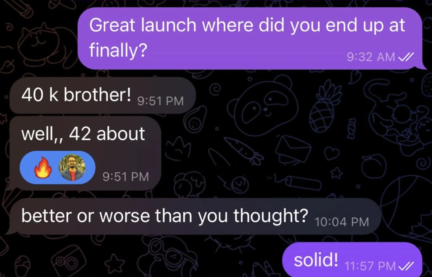 Telegram chat after a client launch: 40 k brother! well, 42 about