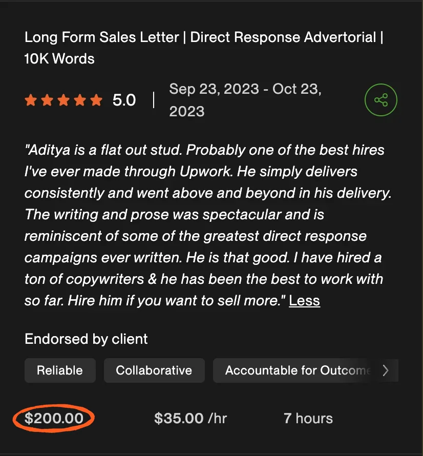 Upwork review, 5 stars, long-form sales letter: $200 at $35 per hour