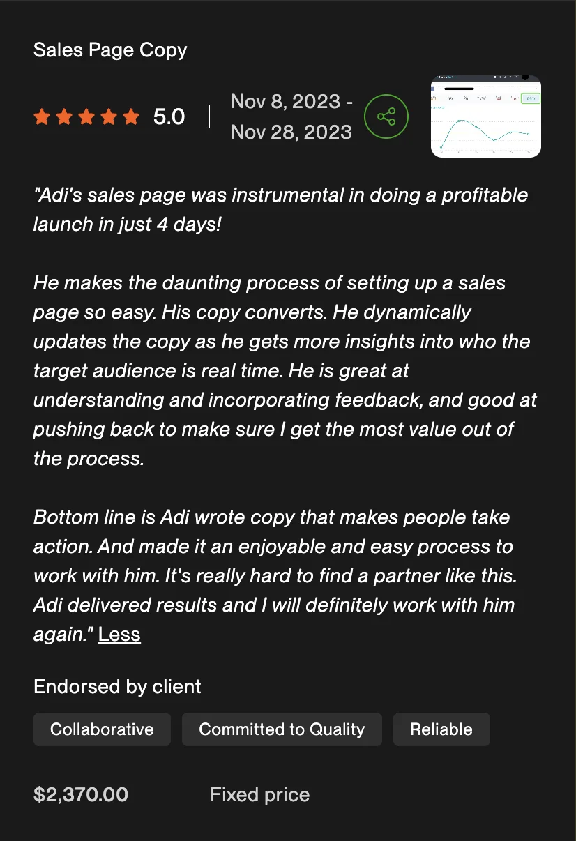 Upwork review, 5 stars, sales page copy: $2,370 fixed price