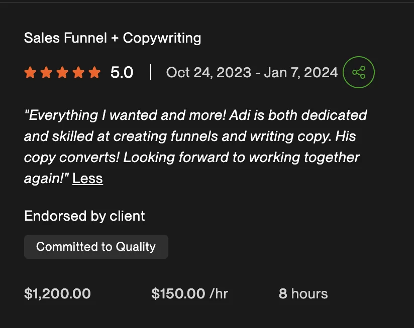 Upwork review, 5 stars, sales funnel and copywriting: $1,200