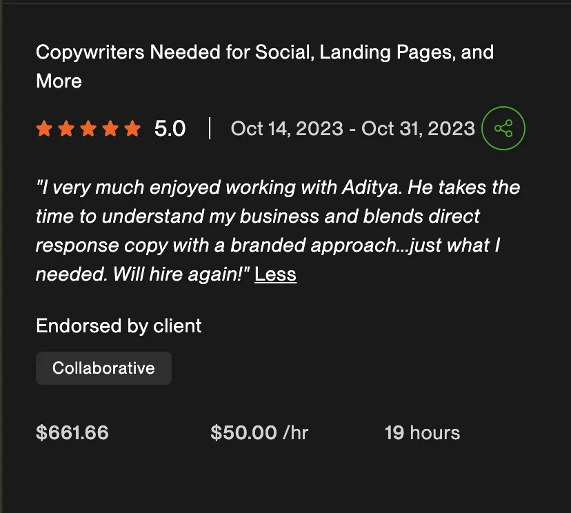 Upwork review, 5 stars, social and landing page copy: $661.66